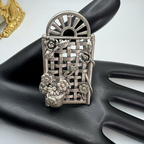 Vintage Danecraft Brooch Flower Garden Trellis Pots-Flowers '60's Silver -Tone - Picture 2 of 6